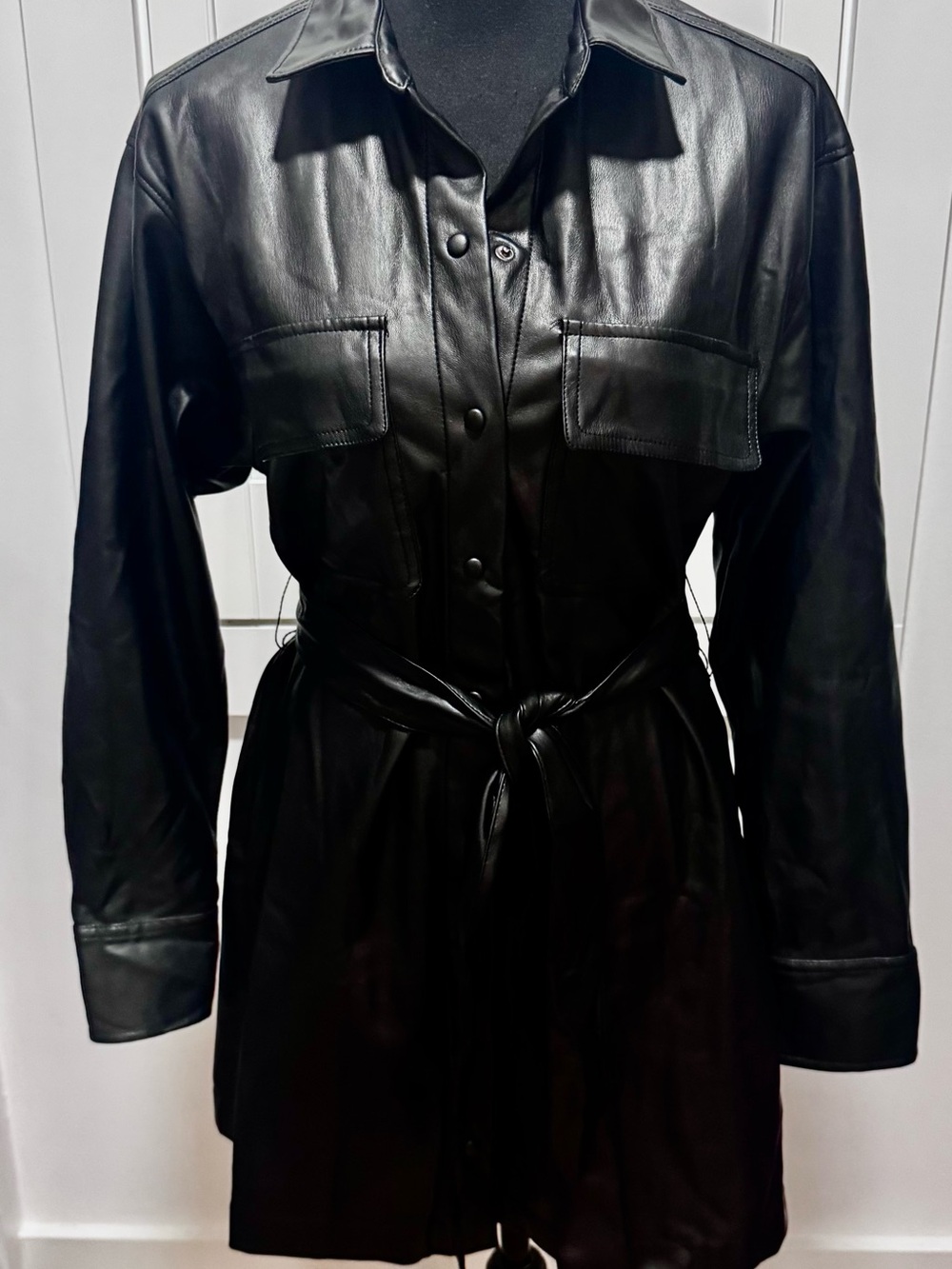 Abercrombie & Fitch Black Faux Leather Belted Shirt Dress Shacket S